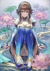 1girl absurdres aqua_eyes arm_support breasts bridal_gauntlets brown_hair bush chai_xianghua cleavage closed_mouth commentary_request fingernails flower full_body gold_trim hair_ornament hairband highres knees_up lips looking_at_viewer lotus mahos_san medium_breasts panties shoes short_hair short_sleeves sidelocks sitting solo soul_calibur thighhighs thighs toeless_footwear underwear water white_panties 