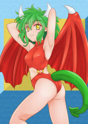  1girl armpits arms_behind_head ass breasts clothing_cutout draco_centauros dragon_tail green_hair highres large_breasts legs looking_at_viewer madou_monogatari navel_cutout one-piece_swimsuit parted_lips puyopuyo seductive_smile sega smile solo swimsuit tail thighs yellow_eyes  rating:Sensitive score:0 user:spk