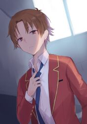  1boy adjusting_clothes adjusting_necktie ayanokouji_kiyotaka blazer blue_necktie brown_hair closed_mouth collared_shirt commentary_request day dress_shirt gucchiann highres indoors jacket long_sleeves male_focus necktie open_clothes open_jacket parted_bangs red_eyes red_jacket school_uniform shirt solo sunlight upper_body white_shirt window youkoso_jitsuryoku_shijou_shugi_no_kyoushitsu_e 
