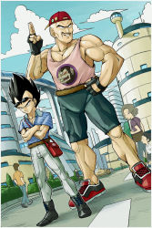  1girl 6+boys bag baseball_cap black_hair boots building capri_pants casual cloud cross-laced_footwear day dragon_ball dragonball_z facial_hair fingerless_gloves gloves grin hat hi-ho- highres lace-up_boots monkey_tail multiple_boys muscular mustache nappa oozaru pants road salute satchel shirt shoes smile sneakers spiked_hair striped_clothes striped_shirt sunglasses tail tank_top two-finger_salute vegeta widow&#039;s_peak  rating:Sensitive score:24 user:danbooru