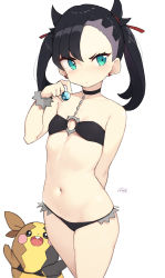  1girl absurdres arm_behind_back bare_shoulders bikini black_bikini black_hair blue_eyes choker cloba collarbone cowboy_shot creatures_(company) dive_ball earrings flat_chest frown game_freak gen_8_pokemon hand_up highres holding holding_poke_ball jewelry long_hair looking_at_viewer mary_(pokemon) morpeko navel nintendo o-ring o-ring_bikini poke_ball pokemon pokemon_(creature) pokemon_(game) pokemon_swsh signature simple_background standing stomach swimsuit thighs twintails v-shaped_eyebrows white_background  rating:Sensitive score:24 user:danbooru