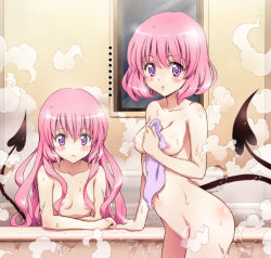 2girls :o alternate_hairstyle arm_support bath bathing bathtub blush body_blush breasts clenched_hand colorized convenient_censoring cowboy_shot crossed_arms demon_tail flat_chest from_side frown groin hair_down holding indoors long_hair looking_at_viewer momo_velia_deviluke multiple_girls nana_asta_deviluke navel nipples nude official_art open_mouth partially_submerged pink_hair purple_eyes same-sex_bathing shared_bathing short_hair siblings sisters steam steam_censor tail to_love-ru towel twins upper_body water wet wet_hair window yabuki_kentarou yamaiwa_shuuhai rating:Questionable score:92 user:danbooru