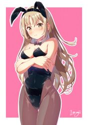  1girl absurdres animal_ears arms_under_breasts bare_shoulders black_bow black_bowtie blush bow bowtie breasts covered_navel crossed_arms detached_collar ear_blush fake_animal_ears highres leotard light_brown_hair long_hair looking_at_viewer luvniji medium_breasts nijisanji outline playboy_bunny rabbit_ears signature sister_claire solo tearing_up virtual_youtuber wavy_mouth white_outline yellow_eyes 