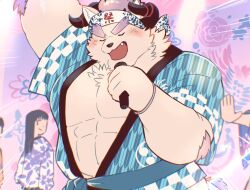  1boy abs animal_ears arm_up bara behemoth_(housamo) blush closed_eyes curled_horns emphasis_lines fang grey_hair happi headband highres holding holding_microphone horns huge_eyebrows japanese_clothes large_pectorals male_focus microphone mitsudomoe_(shape) muscular muscular_male neck_fur pectorals sawch_cls short_hair tokyo_houkago_summoners tomoe_(symbol) upper_body wristband 