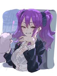  1girl aged_up black_jacket breasts collared_shirt dress_shirt fate/grand_order fate_(series) forehead grin hair_ornament hair_scrunchie highres jacket long_hair long_sleeves looking_at_viewer medium_breasts niwaikanai parted_bangs purple_eyes purple_hair scrunchie shirt sidelocks smile solo towel translation_request twintails wet white_shirt wu_zetian_(fate) 