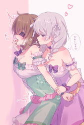  2girls bang_dream! blindfold blush braid breasts brown_hair cleavage closed_mouth commentary_request detached_sleeves dress finger_in_another&#039;s_mouth green_dress heart highres holding_another&#039;s_wrist large_breasts long_hair meu203 multiple_girls open_mouth purple_dress purple_eyes saliva strapless strapless_dress tongue tongue_out translation_request twin_braids wakamiya_eve white_hair yamato_maya yuri 