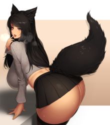  1girl animal_ear_fluff animal_ears ass black_hair black_skirt black_thighhighs breasts brown_eyes commission fox_ears from_side grey_shirt hand_on_table highres huge_ass large_breasts long_hair makino_momiji_(artist) open_mouth original pixiv_commission shirt skirt solo sweat thighhighs tongue tongue_out  rating:Sensitive score:78 user:danbooru