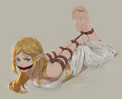 1girl arms_behind_back ball_gag barefoot bdsm blonde_hair blue_eyes bondage bound bound_ankles bound_arms bound_legs bound_wrists breasts dress elf feet feet_together full_body gag gagged grey_background hogtie long_hair looking_at_viewer lying medium_breasts nintendo on_stomach pointy_ears princess_zelda rainnear rope simple_background soles solo the_legend_of_zelda the_legend_of_zelda:_breath_of_the_wild the_pose toes tunic rating:Questionable score:154 user:danbooru