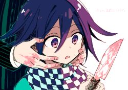  2boys 4_(nakajima4423) black_jacket black_sleeves blood blood_on_hands bloody_knife buttons checkered_clothes checkered_scarf commentary_request danganronpa_(series) danganronpa_v3:_killing_harmony fingernails hair_between_eyes hands_on_another&#039;s_face holding holding_knife jacket knife layered_sleeves long_sleeves looking_at_object male_focus multiple_boys oma_kokichi open_mouth own_hands_together pinstripe_jacket pinstripe_pattern purple_eyes purple_hair purple_scarf saihara_shuichi scarf short_hair simple_background solo_focus translation_request two-tone_scarf vertical-striped_sleeves white_background white_jacket white_scarf 
