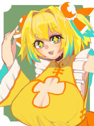  +_+ 1girl blonde_hair blue_hair blush bombergirl breasts bun_cover cleavage cleavage_cutout clothing_cutout commentary_request double_bun fang frilled_shirt frills green_background green_eyes hair_bun hair_intakes highres holding holding_mahjong_tile large_breasts mahjong mahjong_tile medium_bangs multicolored_hair open_mouth orange_skirt pine_(bombergirl) shirt short_hair skirt sleeveless sleeveless_shirt smile solo today_genkidesu two-tone_hair two_side_up upper_body v-shaped_eyebrows yellow_shirt 