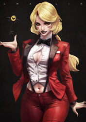  1girl absurdres blonde_hair blush_stickers bow bowtie breasts charlie_morningstar cleavage colored_sclera fangs female_focus fingernails hazbin_hotel highres key long_hair looking_at_viewer medium_breasts midriff monori_rogue navel red_eyes sharp_fingernails solo suspenders thigh_gap unbuttoned unbuttoned_shirt yellow_sclera 
