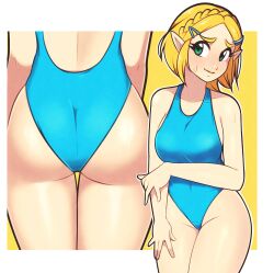  1girl absurdres alternate_costume ass bikini blonde_hair blue_one-piece_swimsuit blush breasts commentary covered_erect_nipples english_commentary green_eyes highleg highleg_swimsuit highres jeff_miga large_breasts looking_at_viewer medium_breasts nervous nintendo one-piece_swimsuit pointy_ears princess_zelda short_hair smile solo swimsuit the_legend_of_zelda the_legend_of_zelda:_tears_of_the_kingdom  rating:Sensitive score:52 user:danbooru