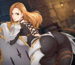  1girl arm_guards armor ass back back_cutout black_bodysuit blush bodysuit breastplate breasts brown_eyes brown_hair clothing_cutout faulds huge_ass ishigaki_takashi kisara_(tales) large_breasts long_hair looking_at_viewer looking_back parted_bangs pauldrons shield shoulder_armor smile solo tales_of_(series) tales_of_arise thighs  rating:Questionable score:61 user:danbooru