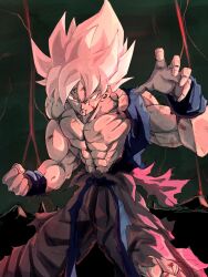  abs blonde_hair blood blood_from_mouth blue_wristband clenched_hand cowboy_shot dragon_ball dragonball_z highres injury male_focus muscular muscular_male orange_pants pants pato007711 red_eyes son_goku super_saiyan super_saiyan_1 thunder topless torn_clothes torn_pants 