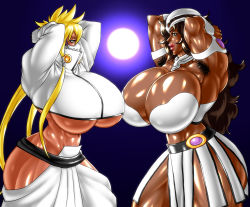  2girls armpit_hair armpits arms_behind_head arms_up artist_request ass bleach blonde_hair breasts brown_hair cleavage dark-skinned_male dark_skin eye_contact franceska_mila_rose gigantic_breasts green_eyes hetero highres huge_breasts lipstick long_hair looking_at_another makeup mask multiple_girls muscular muscular_arms muscular_female negoto_(nego6) source_request tagme thick_thighs thighs tier_harribel underboob wide_hips  rating:Questionable score:17 user:LowTierGod