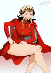  1girl artist_name bare_legs breasts buttons cape commentary dress edelgard_von_hresvelg eightyfourart eyelashes fake_horns feet_out_of_frame fire_emblem fire_emblem:_three_houses highres horns jewelry large_breasts legs long_hair neck_ring nintendo patreon_logo patreon_username purple_eyes red_cape red_dress red_lips simple_background solo thighs white_background white_hair 