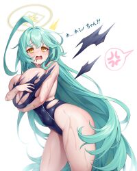  1girl absurdly_long_hair absurdres ahoge anger_vein aqua_hair bandaged_arm bandages bandaid bare_arms bare_shoulders blue_archive blue_sweater blush breast_hold breasts competition_swimsuit elomil halo highres huge_ahoge huge_breasts long_hair one-piece_swimsuit open_mouth simple_background solo spoken_anger_vein standing sweater swimsuit tears thighs torn_clothes torn_swimsuit very_long_hair wet white_background yellow_eyes yellow_halo yume_(blue_archive) 