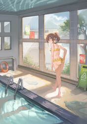  1girl absurdres ahoge ass back bare_arms bare_legs bikini brown_hair building ceiling commentary fence frilled_bikini frills full_body green_eyes hair_ornament hair_scrunchie highres hololive indoors looking_at_viewer looking_back mahou_io natsuiro_matsuri ponytail pool pool_ladder poolside reflection scrunchie solo standing swim_ring swimsuit tree virtual_youtuber window yellow_bikini 