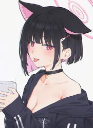  1girl animal_ear_fluff animal_ears black_choker black_jacket blue_archive blush breasts cat_choker cat_ears cat_girl choker cleavage collarbone colored_inner_animal_ears cup ear_down extra_ears hair_ornament hairclip halo highres holding holding_cup jacket kazusa_(blue_archive) long_sleeves looking_at_viewer medium_breasts mikazuchi_zeus partially_unzipped pink_eyes pink_halo short_hair simple_background sleeves_past_wrists solo tongue tongue_out upper_body white_background 