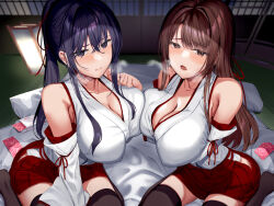  2girls black_hair black_thighhighs breast_press breasts brown_hair cleavage condom condom_packet_strip condom_wrapper futon hakama_short_skirt hakama_skirt heavy_breathing in_heat japanese_clothes large_breasts long_hair miko multiple_girls neropaso ponytail symmetrical_docking take_your_pick thighhighs 
