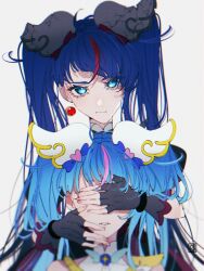 2girls aoi_tete artist_logo blue_eyes blue_hair blurry brooch closed_mouth corruption covering_another&#039;s_eyes cure_sky cut_bangs dark_persona dual_persona earrings fingerless_gloves frown gloves grey_background grey_gloves highres hirogaru_sky!_precure jewelry long_hair looking_at_viewer magical_girl multicolored_hair multiple_girls parted_lips pink_hair precure red_hair simple_background single_earring single_sidelock sora_harewataru streaked_hair twintails two-tone_hair very_long_hair wing_brooch wing_hair_ornament 