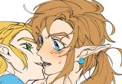  1boy 1girl angssi assertive_female biting biting_another&#039;s_lip blonde_hair blue_eyes blue_shirt blush braid brown_hair close-up colored_eyelashes earrings eyelashes green_eyes hetero imminent_kiss jewelry kiss link looking_at_another loose_hair_strand neck nintendo open_mouth pointy_ears ponytail princess_zelda shirt sidelocks single_earring smile surprised sweatdrop teeth the_legend_of_zelda the_legend_of_zelda:_breath_of_the_wild white_background 