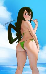  1girl artist_name ass asui_tsuyu bikini black_eyes black_hair boku_no_hero_academia butt_crack highres lucisam swimsuit tongue tongue_out water  rating:Questionable score:74 user:liOne_