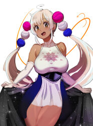  1girl absurdres bare_shoulders blue_skirt blush breasts brown_eyes clothes_lift dark-skinned_female dark_skin elbow_gloves gloves hair_ornament halter_shirt halterneck highres hololive hololive_english jewelry large_breasts light_brown_hair limiter_(tsukumo_sana) long_hair looking_at_viewer mascot miniskirt open_mouth overskirt planet planet_hair_ornament pleated_skirt shirt sho-n-d sidelocks sketch skirt sleeveless smile solo starry_sky_print thighs tongue tsukumo_sana tsukumo_sana_(1st_costume) twintails very_long_hair virtual_youtuber white_gloves white_shirt white_skirt yatagarasu_(tsukumo_sana) 