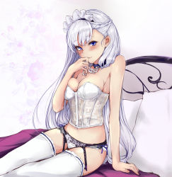 1girl azur_lane bare_shoulders belfast_(azur_lane) blush braid breasts bustier cleavage closed_mouth commentary_request french_braid garter_belt garter_straps lace lingerie long_hair looking_at_viewer maid_headdress medium_breasts on_bed panties pillow purple_eyes rizzl sitting smile solo thighhighs underwear underwear_only white_hair white_thighhighs rating:Sensitive score:30 user:danbooru