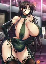 1girl black_legwear blush breasts brown_hair curvy dress earrings elbow_gloves garter_belt garter_straps glasses gloves green_eyes haganef hasegawa_chisato highres huge_breasts jewelry lengerie long_hair looking_at_viewer shinmai_maou_no_testament smile solo tagme very_long_hair rating:Questionable score:82 user:Vardigiil