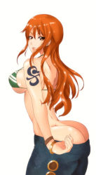  1girl ass bikini breasts butt_crack denim female_focus highres huge_ass jacky_(artist) jeans large_breasts long_hair nami_(one_piece) one_piece orange_hair pants solo swimsuit tattoo  rating:Explicit score:66 user:spiderfan