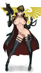  1girl bolt_pistol breasts cigarette commissar commissar_(warhammer) eyepatch female_focus female_pubic_hair full_body functionally_nude german german_clothes highres holding holding_cigarette large_breasts looking_at_viewer mikazuki_shigure nipples nude pubic_hair pussy scar simple_background smile solo thighhighs warhammer_40k weapon white_background 