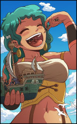  1girl 6+boys ? bird black_border border bracer cloud day earrings closed_eyes framed_breasts giant giantess green_hair highres jewelry karbo lily_enstomach md5_mismatch multiple_boys navel one_piece open_mouth outdoors panicking seagull ship sky solo_focus tongue uvula vore watercraft  rating:Sensitive score:43 user:danbooru