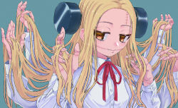 1girl absurdres blonde_hair bolt_(hardware) brown_eyes extra_arms franken_fran glasgow_smile hands_in_hair highres long_hair long_sleeves madaraki_fran maittamkr red_ribbon ribbon shirt simple_background solo stitched_mouth stitched_neck stitches upper_body very_long_hair white_shirt