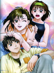  1990s_(style) 1boy 2girls absurdres angry asai_kirara asai_konpei bare_shoulders black_camisole black_hair blue_skirt blurry bokeh breast_pocket brown_eyes brown_hair camisole closed_mouth commentary cover depth_of_field eyelashes green_hair green_hairband grey_pants hair_between_eyes hairband hand_on_another&#039;s_arm hand_on_another&#039;s_shoulder hand_on_own_knee hands_on_another&#039;s_head highres imai_kirara kirara_(yui_toshiki) long_hair magazine_scan multiple_girls nail_polish official_art one_eye_closed open_mouth orange_camisole pants partially_unbuttoned pink_bracelet pink_nails pocket promotional_art retro_artstyle scan shirt short_hair shouting skirt smile teeth translated undershirt upper_body upper_teeth_only watch wristwatch yellow_shirt yui_toshiki 