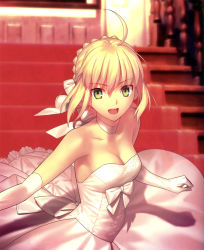  1girl :d absurdres ahoge artoria_pendragon_(all) artoria_pendragon_(fate) blonde_hair breasts choker cleavage collarbone dress elbow_gloves fate/stay_night fate_(series) gloves green_eyes hair_between_eyes hair_ribbon highres indoors looking_at_viewer medium_breasts official_art open_mouth ribbon ribbon_choker saber_(fate) short_hair sleeveless sleeveless_dress smile solo stairs strapless strapless_dress takeuchi_takashi wedding_dress white_dress white_gloves white_ribbon  rating:Sensitive score:33 user:danbooru