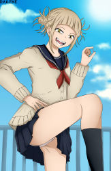  1girl ass bags_under_eyes black_socks blonde_hair blue_background blue_skirt boku_no_hero_academia breasts cardigan clothes cloud dailene day double_bun eye_contact female_focus femdom fence flat_chest grin hair_bun half-closed_eyes highres humiliation leg_lift leg_up legs looking_at_another looking_at_viewer looking_down motion_lines open_mouth outdoors panties pantyshot school_uniform sharp_teeth shirt short_hair skirt sky small_penis_humiliation smile socks solo spread_legs standing standing_on_one_leg sweater teeth thighs tiny_gesture toga_himiko tongue underwear uniform upskirt watermark white_panties wide_hips yandere yellow_eyes  rating:Questionable score:44 user:DSPH