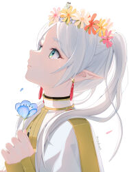  1girl artist_name crying crying_with_eyes_open earrings elf flower frieren glint green_eyes head_wreath highres holding holding_flower jewelry long_hair long_sleeves looking_up pointy_ears risdandr simple_background solo sousou_no_frieren tears twintails twitter_username upper_body white_background white_hair 