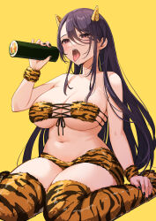  1girl absurdres bare_shoulders breasts cleavage drooling food highres holding holding_food horns large_breasts long_hair marumai navel oni open_mouth original purple_eyes purple_hair saliva setsubun simple_background sitting solo stomach thighhighs thighs underboob wariza yellow_background 