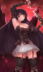  &gt;:( 1girl absurdres angry armpits arms_up bangs black_hair black_legwear blunt_bangs blush breasts cleavage collarbone detached_sleeves eyelashes garter_straps halterneck highres holding holding_sword holding_weapon impossible_clothes impossible_shirt king&#039;s_raid large_breasts long_hair long_sleeves looking_at_viewer miniskirt purple_eyes scowl seria_(king&#039;s_raid) sheath shirt skirt sleeveless solo straight_hair sword thighhighs unsheathing weapon white_skirt yu_mochi_(kamiinu) zettai_ryouiki 
