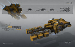  3d cable commentary company_name concept_art copyright_name dated english_text eve_online flying frigate_(eve_online) from_side georg_hilmarsson glowing grey_background highres industrial_ship_(eve_online) logo machinery multiple_views no_humans official_art outer_ring_excavations_(eve_online) realistic science_fiction shadow signature spacecraft thrusters vehicle_focus 