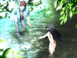  1boy 1girl black_hair game_cg gayarou lake long_hair makino_nanami nude outdoors river skinny_dipping suigetsu wading water  rating:Explicit score:16 user:bweb