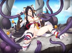  1girl ara_haan ara_han asura_(elsword) biting black_hair breasts detached_sleeves elsword feet fingerless_gloves gloves imminent_rape long_hair navel nipple_biting nipples no_shoes open_mouth pubic_hair pussy restrained spread_legs sweat tama_(tamatamo) tears tentacles toeless_legwear toes torn_clothes uncensored very_long_hair wet wince yellow_eyes  rating:Explicit score:200 user:Luan