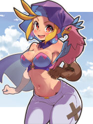  1girl bare_shoulders bird blonde_hair breasts brown_eyes cape cleavage cloud cloudy_sky denim denim_pants earrings gloves highres hood jewelry large_breasts looking_at_viewer medium_breasts momochi_momotan navel open_mouth outdoors pants purple_bird shantae_(series) sidelocks single_glove sky sky_(shantae) smile wayforward white_pants wide_hips 