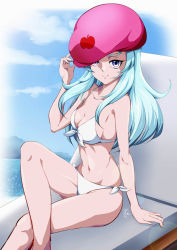  1girl bare_arms bare_legs bikini blue_eyes breasts cleavage closed_mouth collarbone crossed_legs dated front-tie_bikini_top front-tie_top groin hair_down happinesscharge_precure! hosshiwa lens_flare long_hair medium_breasts navel pink_headwear precure side-tie_bikini_bottom sideboob signature silver_hair smile solo straight_hair strap_gap swimsuit tomo5656ky white_bikini 