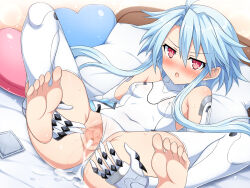  1girl :o after_vaginal aftersex armored_gloves ass bare_shoulders barefoot blue_hair blush breasts censored clothing_aside covered_erect_nipples covered_navel cum cum_in_pussy cumdrip elbow_gloves full_body gloves hair_between_eyes heart heart-shaped_pillow highres indoors legs leotard leotard_aside looking_at_viewer lying medium_hair neptune_(series) on_back on_bed pillow power_symbol presenting pussy pussy_juice red_eyes sidelocks skin_tight small_breasts solo spread_legs symbol-shaped_pupils thighhighs thighs white_gloves white_heart_(neptunia) white_leotard yaomai 