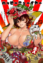  1girl 2015 arm_up artist_name bell bisco_(letitbleed) blush breasts brown_eyes brown_hair cleavage collarbone dated eyelashes eyes_visible_through_hair flipped_hair floral_print folding_fan grin hagoita hair_between_eyes hand_fan hand_on_headwear hand_up happy_new_year hat highres holding huge_breasts japanese_clothes jingle_bell kimono kotoyoro kouhaku_nawa lion_dance lips long_sleeves looking_at_viewer maneki-neko midriff nengajou new_year obi off_shoulder original paddle parted_lips print_kimono red_kimono rising_sun_flag rope sash shimenawa shishimai short_hair simple_background smile solo sunburst text_focus translation_request upper_body wide_sleeves 