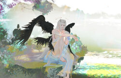  1boy absurdly_long_hair absurdres alternate_costume angel_wings arm_up bare_legs barefoot black_wings day elbow_on_knee expressionless final_fantasy final_fantasy_vii flower foliage full_body green_eyes grey_hair halo hands_up highres horns knee_up light_rays long_hair male_focus multiple_wings outdoors pectorals sephiroth serafisolaris sitting solo sunbeam sunlight toned toned_male tree tunic very_long_hair water white_flower wings 