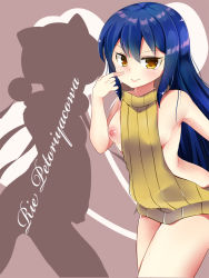  1girl agent_aika aika_(series) alternate_costume amaguri_aniko areola_slip back bare_legs bare_shoulders blue_hair blush body_blush breasts breasts_out brown_eyes character_name delmo dress eyebrows female_focus golden_delmo legs long_hair looking_at_viewer low_twintails medium_breasts meme_attire naked_sweater nipples no_bra no_panties ribbed_sweater rie_petoriyacowa shadow short_dress sideboob silhouette simple_background smile solo standing sweater sweater_dress text_focus thighs turtleneck turtleneck_sweater twintails very_long_hair virgin_killer_sweater 