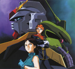  1980s_(style) 1990s_(style) 2girls angry belt blue_eyes brown_hair cable commentary_request crossed_arms emma_sheen gloves gundam gundam_mk_ii key_visual kitazume_hiroyuki mecha military_uniform mobile_suit multiple_girls official_art oldschool one-eyed orange_hair palace_athene promotional_art reccoa_londe red_lips retro_artstyle robot scan science_fiction serious spoilers titans_(gundam) traditional_media uniform upper_body v-fin vest zeta_gundam 
